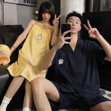 限時下殺⏰ 情侶睡衣 夏天 吊帶睡裙 附胸墊 梭織棉 短袖家居服 套裝 線條狗 情侶裝 居家服 女款