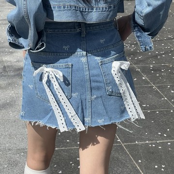 ˏˋ 𝐻𝑒𝑦 𝑆𝑝𝑟𝑖𝑛𝑔 - ̗̀ 🌷⛅️ ̖́韓國 INS時尚高腰蕾絲蝴蝶結毛邊A字牛仔半身裙
