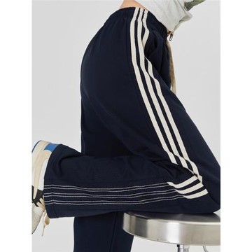 LINFANGING 美式復古三條杠直筒運動褲秋薄款拖地闊腿褲休閑衛褲