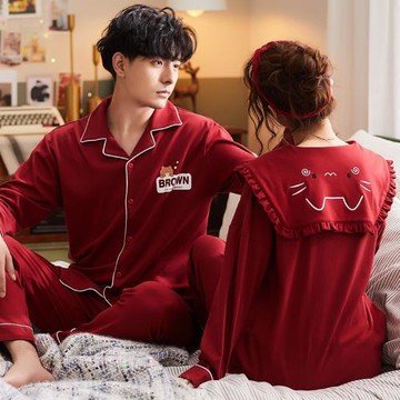 新結婚慶紅色情侶睡衣春秋款純棉本命年女全棉家居服秋冬季男套裝