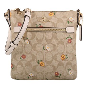COACH    金馬車彩色小花拉鍊斜背扁包(淺卡其x白)小款