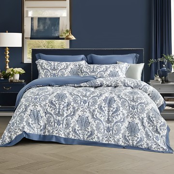 VARiOUS 凡芮思 60支100%天絲 加大床包兩用被4件組  A版床包188 x 182cm + 雙色翅膀款被套212 x 182cm + 枕套75 x 47cm  藍爵  A版床包 + 雙色翅膀款被套 + 枕套 2個