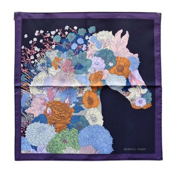 HERMES  經典Robe Legere 45系列花朵駿馬圖紋絲質方巾/領巾(紫/深藍色)