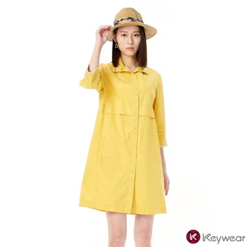 KeyWear奇威名品    珠鏈四合釦裝飾七分袖洋裝-橘黃色