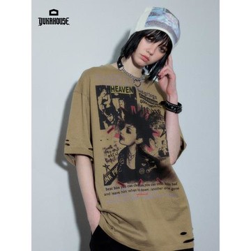 YUKAHOUSE 原創印花T恤美式復古亞文化短袖上衣白咖色男女夏季款