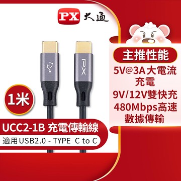【PX 大通】UCC2-1B USB2.0 C TO C充電傳輸線-1M【三井3C】