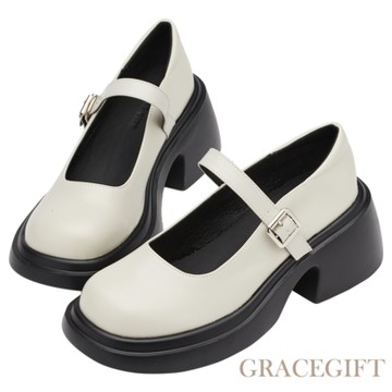 【Grace Gift】百搭圓頭輕量厚底瑪莉珍鞋 米白