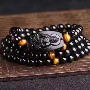 開光 天然黑曜石阿彌陀佛手牌 黑曜石108顆佛珠手串 屬豬狗本命佛