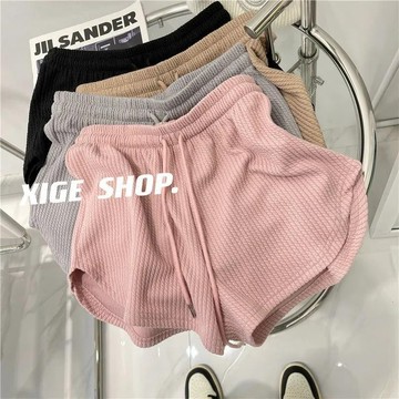 【高腰短褲】 休閒運動短褲女 夏季高腰闊腿褲  顯瘦顯腿長 百搭 粉色鬆緊腰熱褲 WH
