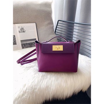 真皮凱莉包2424mini包二代鉑金包togo皮包手提斜挎紫色包包2424包