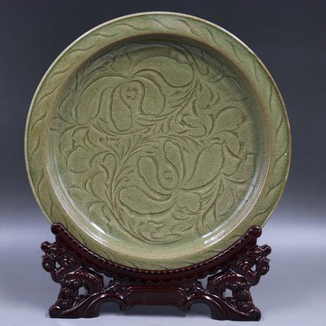 宋耀州窯刻花花紋平盤國盤手工仿古家居桌面瓷器古董古玩老貨擺件1入