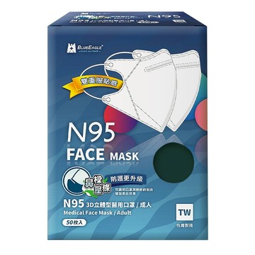 BLUE EAGLE 藍鷹牌 成人N95立體型醫用口罩 鼻樑壓條款  碧湖綠  50片  1盒