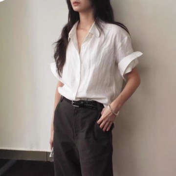 25夏季新款手工卷袖短袖襯衫亞麻上衣百搭寬松顯瘦宅女同款套裝