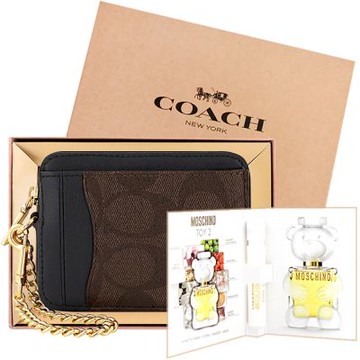 COACH 巧克力色大C PVC金屬鏈帶證件卡夾/零錢包+MOSCHINO 品牌隨身小香