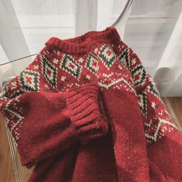 (免運)古著紅色費爾島毛衣秋冬女北歐復古新年圣誕氛圍感加厚針織上衣