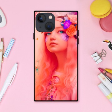 夢幻可愛珊瑚粉童話風女孩與花朵 方形手機殼【強化玻璃飾面】適用於 iPhone16