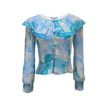 Lizzy復古湖水藍荷葉邊領片上衣