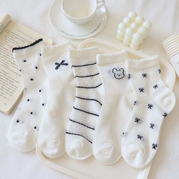 黑白鏤空網眼襪子女中筒襪夏季超薄ins潮花邊純棉透氣蝴蝶結長襪