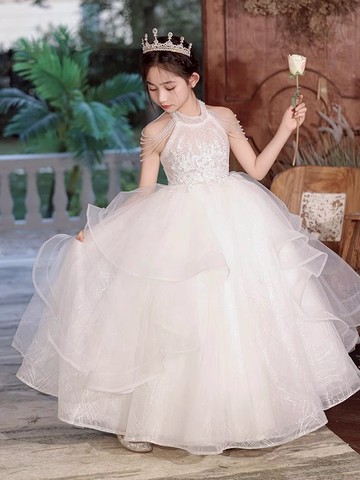 女童禮服高端掛脖花童兒童公主裙小女孩生日主持人鋼琴演奏演出服