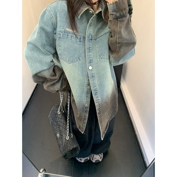 【RICECAKE & OISIS】美式漸變 水洗做舊 牛仔襯衫外套 高級感 百搭 oversize 復古夾克 女