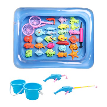 OhBabyLaugh 釣魚撈魚32件組 附魚池 + 打氣筒 水桶 2個 + 釣竿 2個 + 撈網 2個 + 海洋生物 26個  藍色 + 顏色隨機  1組