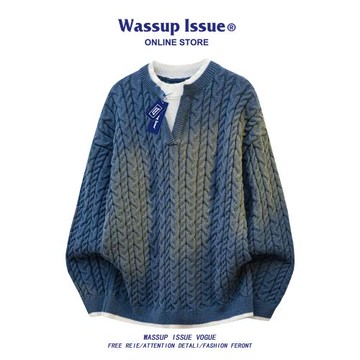 WASSUP ISSUE麻花紋針織衫男款冬季寬松慵懶風加絨加厚休閑毛衣女