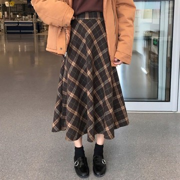 毛呢格子半身裙女秋冬新款宽松复古英伦风中长款高腰包臀a字长裙大碼裙 女裝 大擺裙 裙裝 洋裝 大尺碼 80公斤