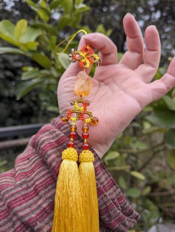 中式古典中國結壓襟團扇掛飾包包掛飾掛墜流蘇穗子天然黃水晶