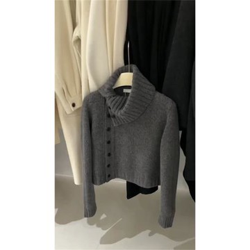 韓系高級感灰色高領毛衣女秋冬穿搭冬季加厚外穿軟糯翻領開衫外套