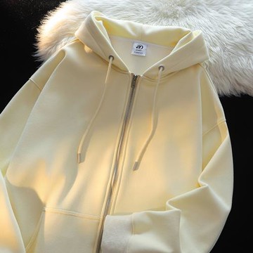 奶黃色搖粒絨開衫衛衣女多巴胺學院風情侶寬松400g重磅雙拉鏈外套