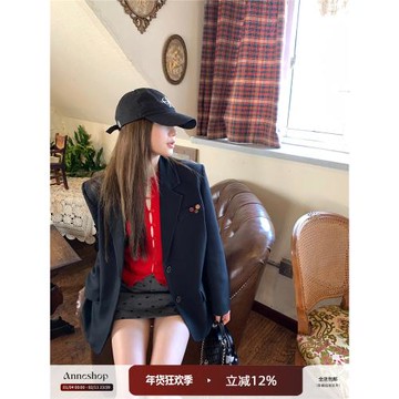 ANNESHOP 春季西裝外套女2026新款個性紐扣寬松小個子黑色西服潮