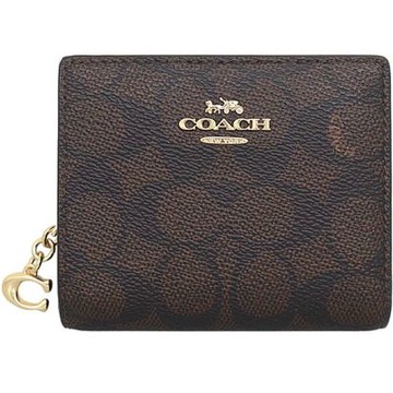 COACH Cx深咖啡PVC滿版LOGO對折式零錢包短夾