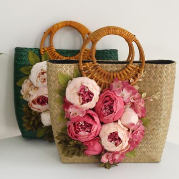 包郵復古手工花朵沙灘草編包田園海邊編織包度假手提編織包藤編草