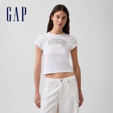 【GAP】棉質針織修身短版圖案T恤-清新白/櫻草粉(899109)