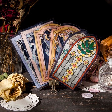 🍋檸檬青🍋 新款現貨特價售完無補超美彩色花窗系列8款10張入PVC+特種紙雙材質無粘性復古玻璃拼貼卡手帳裝飾素材