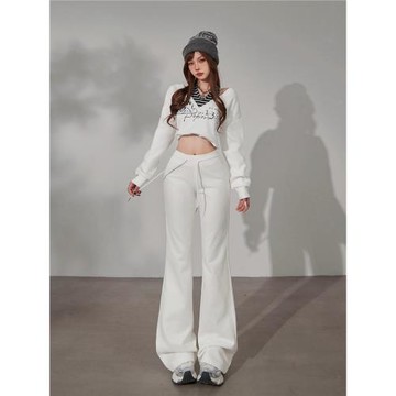 艾橙顏美式辣妹白色微喇叭瑜伽運動衛褲女秋季新款抽繩休閑垂感褲