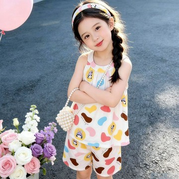 8649 人單獨標註💝女童2026棉綢圓領套裝夏天人造棉家居服兒童外出休閒兩件套2K9G