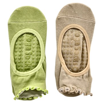 NICOFUN 愛定做 捲捲花邊防滑瑜珈襪 女襪 FYK23YOGA02 64g  22~24cm  奶茶色 + 青草綠