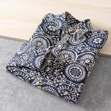 日系潮流！舒適純棉面料外貿男裝春季休閑時尚民族風印花長袖襯衫