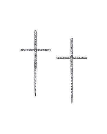 Silver Spike Cross Pave Diamond Earrings