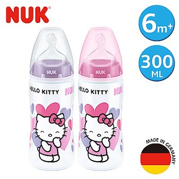 德國NUK-Hello Kitty寬口徑PP奶瓶300ml-附2號中圓洞矽膠奶嘴6m+(顏色隨機出貨)