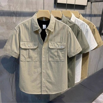 潮流新款~襯衣男士短袖夏季新款時尚百搭雙口袋純色潮牌休閒男上衣 大尺碼襯衫 短袖襯衫 大碼男裝 翻領 襯衫夏季 男生上衣