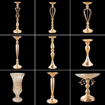 婚慶裝飾道具桌花器皿電鍍鐵藝花器金色婚禮路引燭臺花柱櫥窗擺件