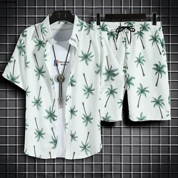 【印花短袖襯衫】台灣出貨 好質量 沙灘套裝 男士短袖襯衫 大碼 寬鬆 夏威夷 速乾 休閒 短褲 情侶套裝 shirt 海