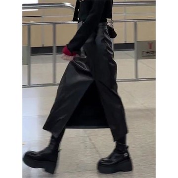 加厚黑色pu皮裙女秋季2025年新款時尚高腰顯瘦開叉設計a字半身裙