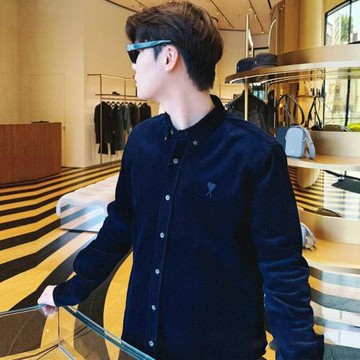 AMI CLAMS小愛心刺繡長袖翻領襯衫男女款秋冬燈芯絨休閑潮流襯衣