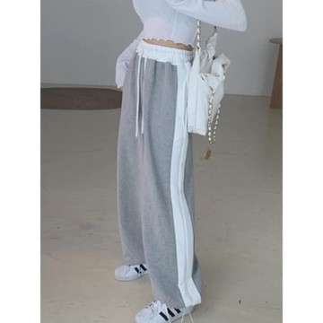 韓國chic秋季小眾個性撞色高腰系帶口袋寬松百搭闊腿休閑褲長褲女