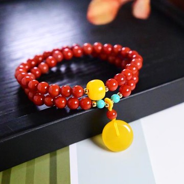 原創南紅瑪瑙手串雞油黃蜜蠟平安扣手鏈復古國風女款琥珀圓珠手飾