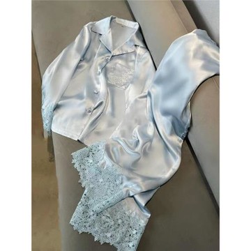 2025新款大碼舒適冰絲長袖睡衣女士春秋季法式蕾絲拼接家居服套裝