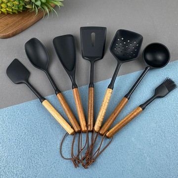 洛陽牡丹 木柄矽膠鍋鏟廚具套裝7件套耐高溫炒菜鏟子盛湯勺日用餐廚